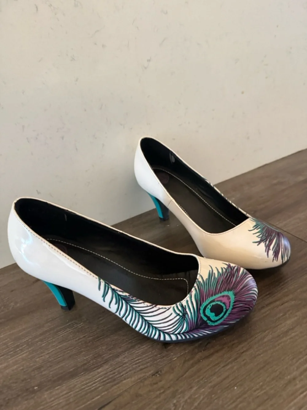White Heels with Teal & Purple Peacock Feather Accent - Picture 1 of 9